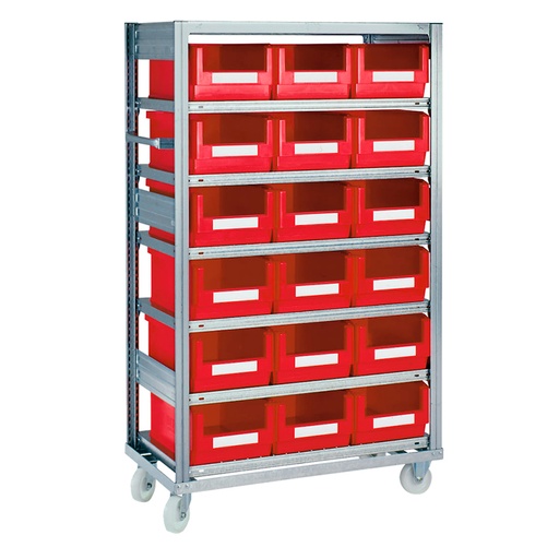 [048737] Estantería industrial móvil con 7 estantes planos y 18 cajas plásticas rojas - Dim.: 1068x533x1815h mm - Galvanizado
