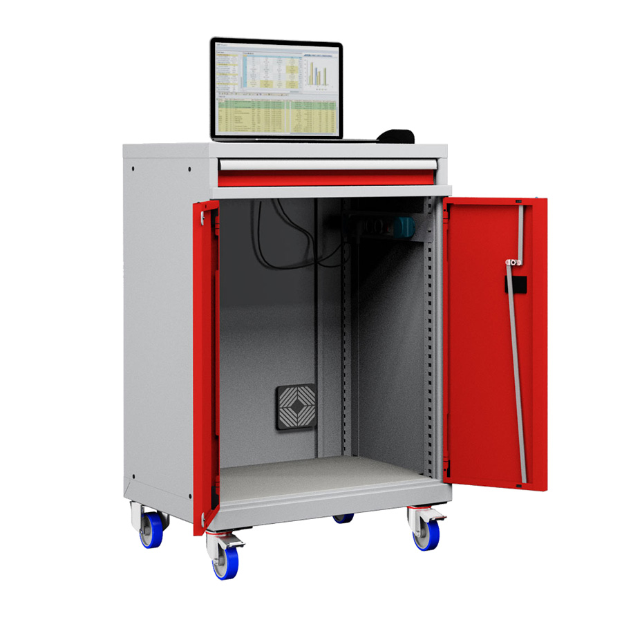 [048911] Armario para ordenador portátil con ruedas - Dim.: 717x595x1128h mm - Gris ral 7035 y rojo ral 3003