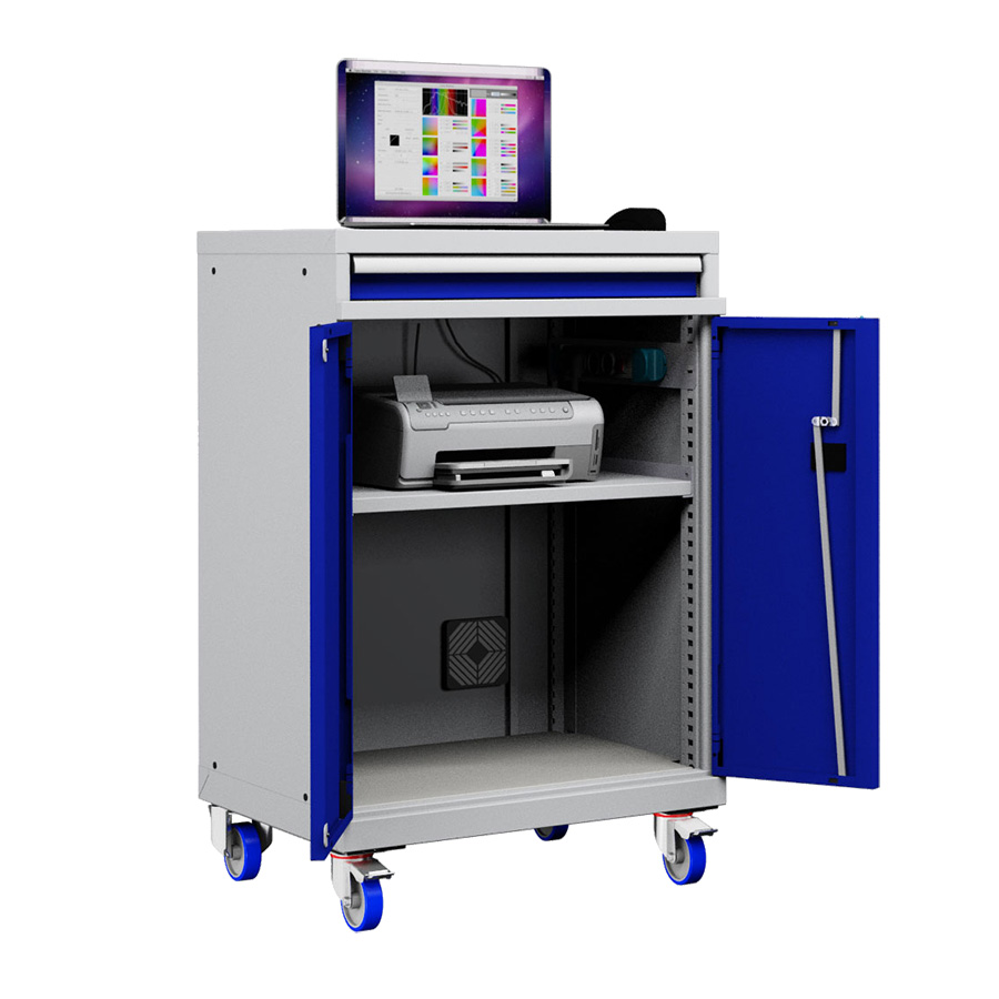 [048915] Armario para ordenador portátil con ruedas y estante inferior - Dim.: 717x595x1128h mm - Gris ral 7035 y azul ral 5005