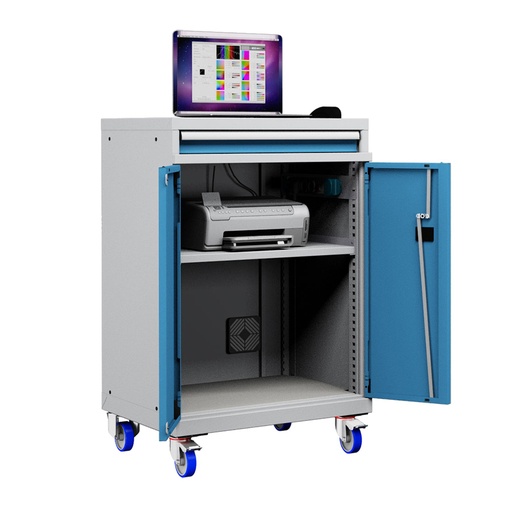 [048916] Armario para ordenador portátil con ruedas y estante inferior - Dim.: 717x595x1128h mm - Gris ral 7035 y azul ral 5012