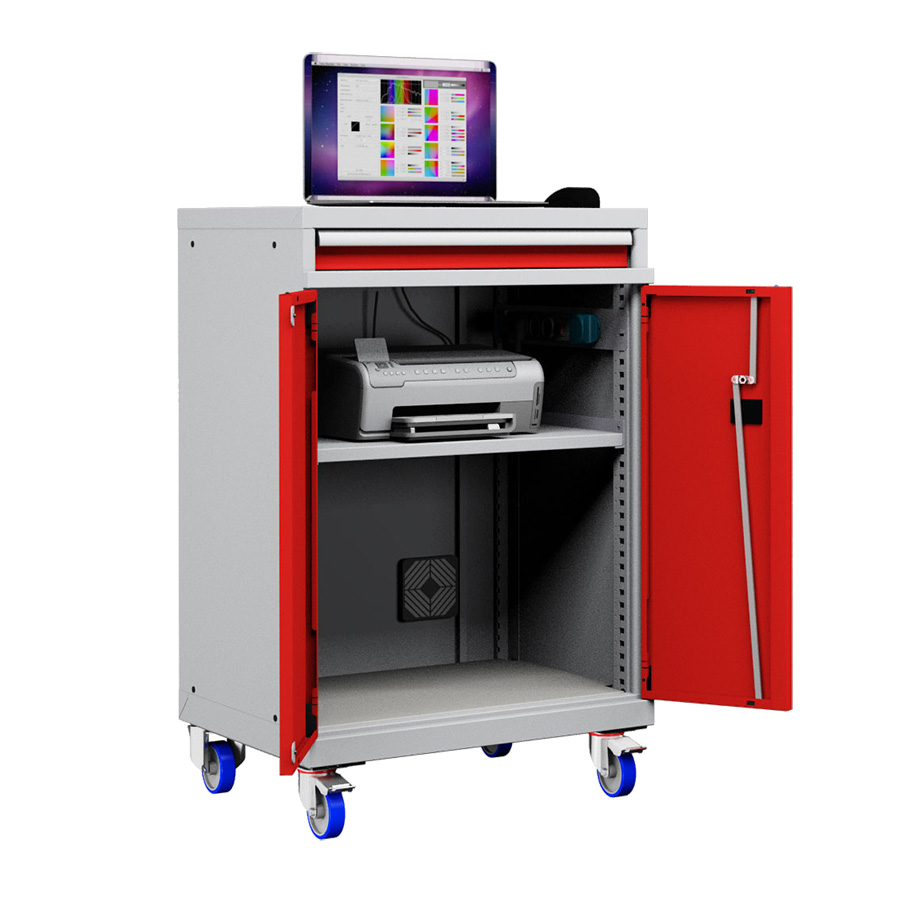 [048917] Armario para ordenador portátil con ruedas y estante inferior - Dim.: 717x595x1128h mm - Gris ral 7035 y rojo ral 3003