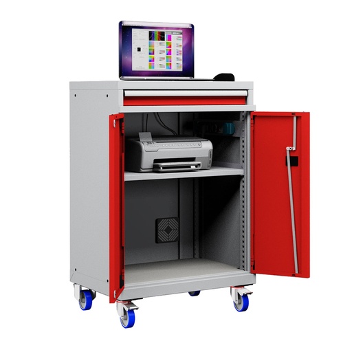 [048917] Armario para ordenador portátil con ruedas y estante inferior - Dim.: 717x595x1128h mm - Gris ral 7035 y rojo ral 3003