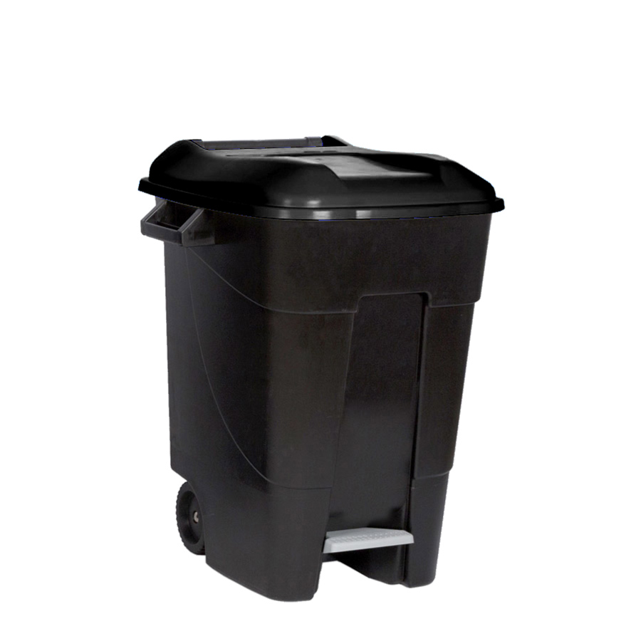 [049097] Basurera plástica de 100 lts. con ruedas y tapa de apertura mediante pedal - Dim.: 460x568x770h mm - Negro / negro