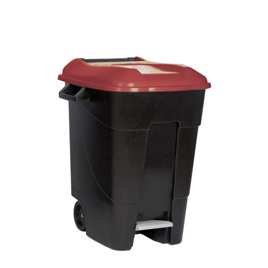 [049102] Basurera plástica de 100 lts. con ruedas y tapa de apertura mediante pedal - Dim.: 460x568x770h mm - Rojo / negro