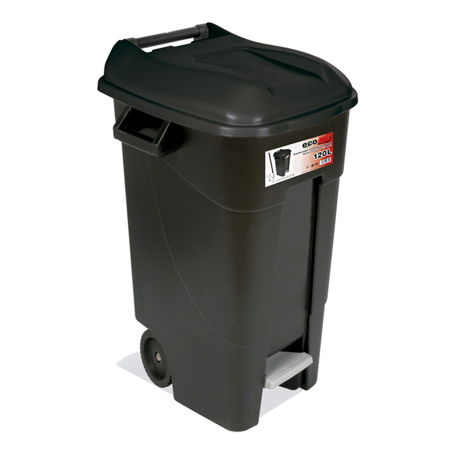 [049103] Basurera plástica de 120 lts. con ruedas y tapa de apertura mediante pedal - Dim.: 600x568x886h mm - Negro