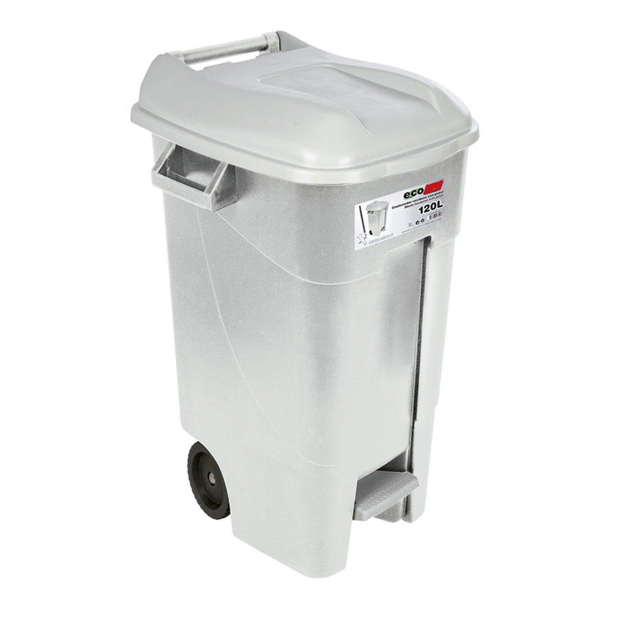 [049105] Basurera plástica de 120 lts. con ruedas y tapa de apertura mediante pedal - Dim.: 600x568x886h mm - Gris