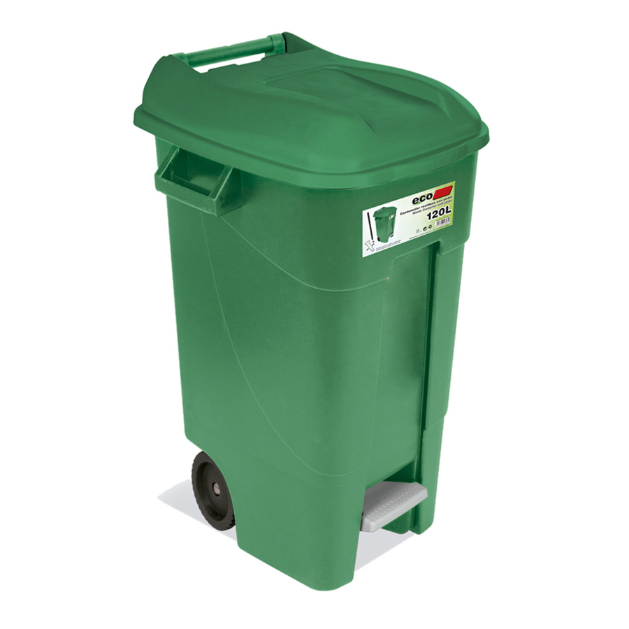 [049107] Basurera plástica de 120 lts. con ruedas y tapa de apertura mediante pedal - Dim.: 600x568x886h mm - Verde
