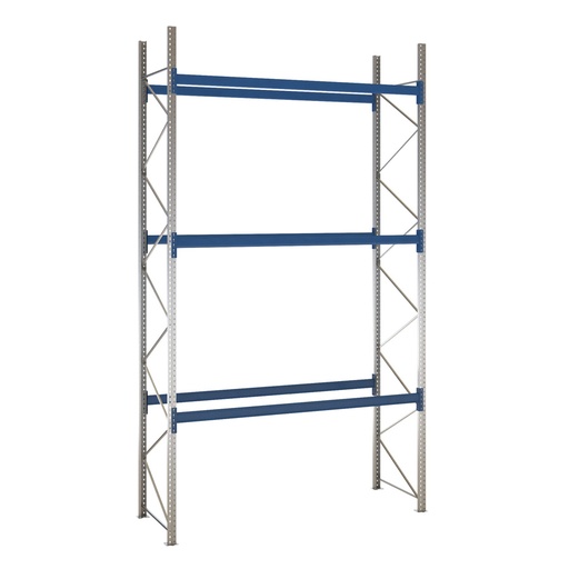 [049478] Estantería de paletización inicial con 3 niveles de carga de 2500 kg cada uno - Dim.: 2400x1100x5000h mm - Galvanizado y azul ral 5010