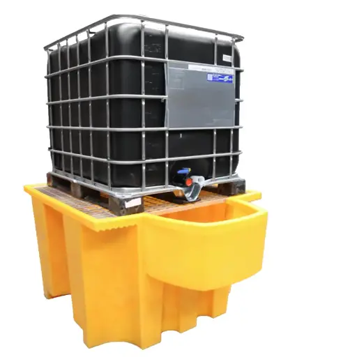 [049489] Cubeto de retención de plástico con rejilla metálica y soporte para trasvase - Cap.: 1100 lts. - Dim.: 1700x1300x940h mm - Amarillo