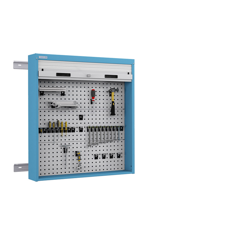 [050096] Armario metálico con persiana y paneles interiores perforados para herramientas - Dim.: 952x210x1114h mm - Azul ral 5012 y gris ral 7035