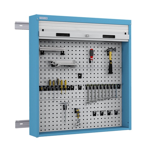 [050096] Armario metálico con persiana y paneles interiores perforados para herramientas - Dim.: 952x210x1114h mm - Azul ral 5012 y gris ral 7035
