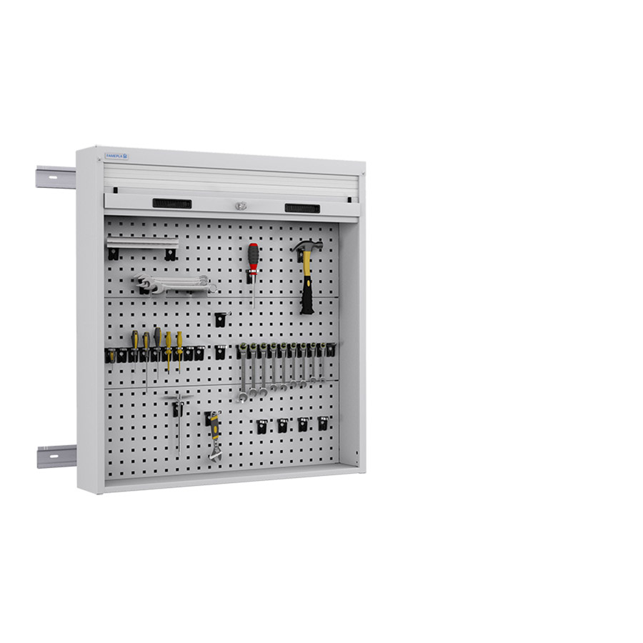 [050097] Armario metálico con persiana y paneles interiores perforados para herramientas - Dim.: 952x210x1114h mm - Gris ral 7035