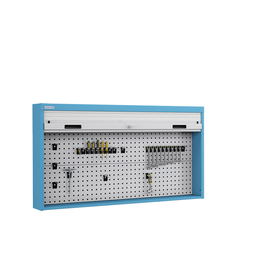 [050098] Armario metálico con persiana y paneles interiores perforados para herramientas - Dim.: 1419x210x810h mm - Azul ral 5012 y gris ral 7035