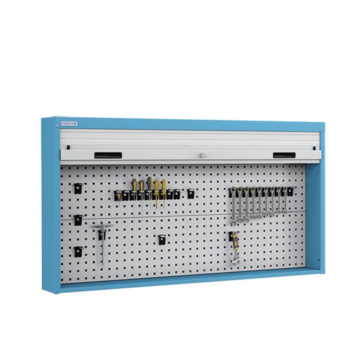 [050098] Armario metálico con persiana y paneles interiores perforados para herramientas - Dim.: 1419x210x810h mm - Azul ral 5012 y gris ral 7035