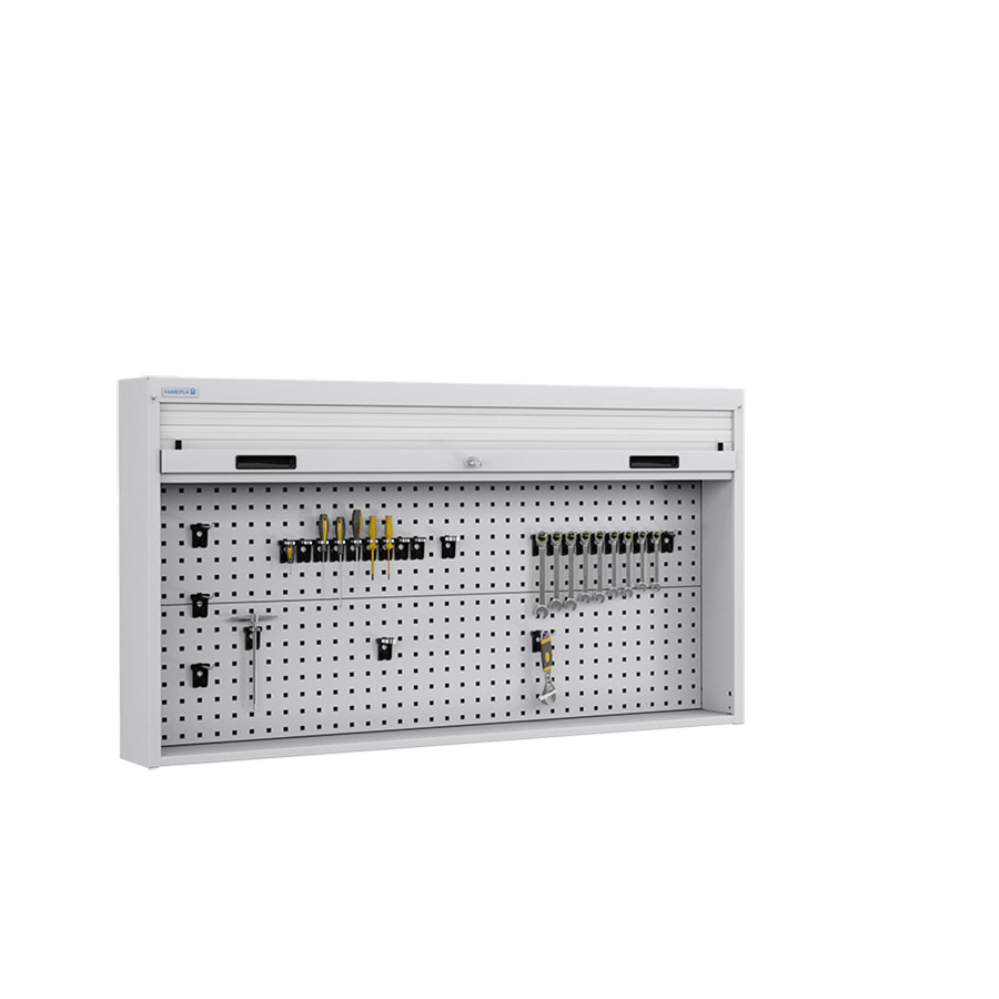 [050099] Armario metálico con persiana y paneles interiores perforados para herramientas - Dim.: 1419x210x810h mm - Gris ral 7035