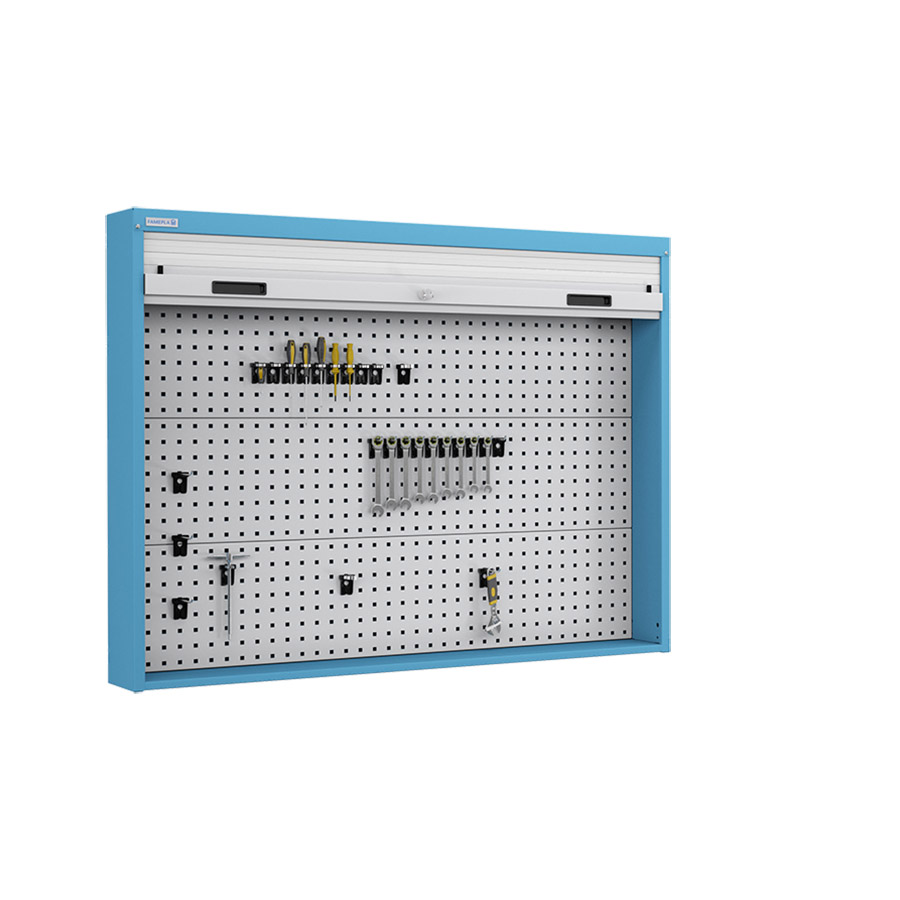 [050102] Armario metálico con persiana y paneles interiores perforados para herramientas - Dim.: 1419x210x1114h mm - Azul ral 5012 y gris ral 7035