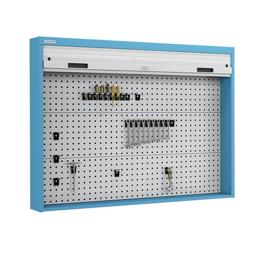 [050102] Armario metálico con persiana y paneles interiores perforados para herramientas - Dim.: 1419x210x1114h mm - Azul ral 5012 y gris ral 7035