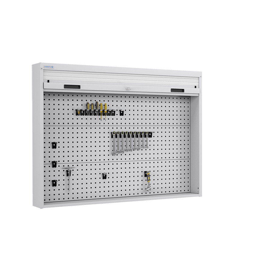 [050103] Armario metálico con persiana y paneles interiores perforados para herramientas - Dim.: 1419x210x1114h mm - Gris ral 7035
