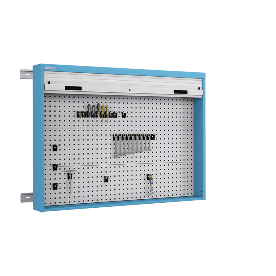 [050104] Armario metálico con persiana y paneles interiores perforados para herramientas - Dim.: 1419x210x1114h mm - Azul ral 5012 y gris ral 7035