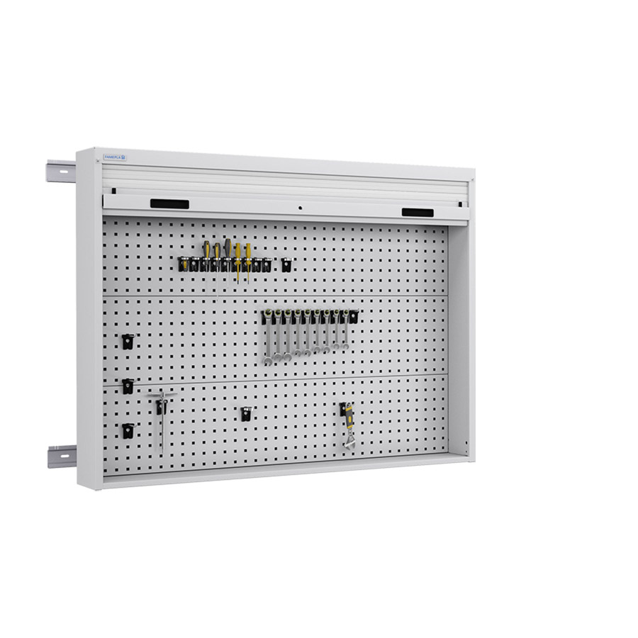 [050105] Armario metálico con persiana y paneles interiores perforados para herramientas - Dim.: 1419x210x1114h mm - Gris ral 7035