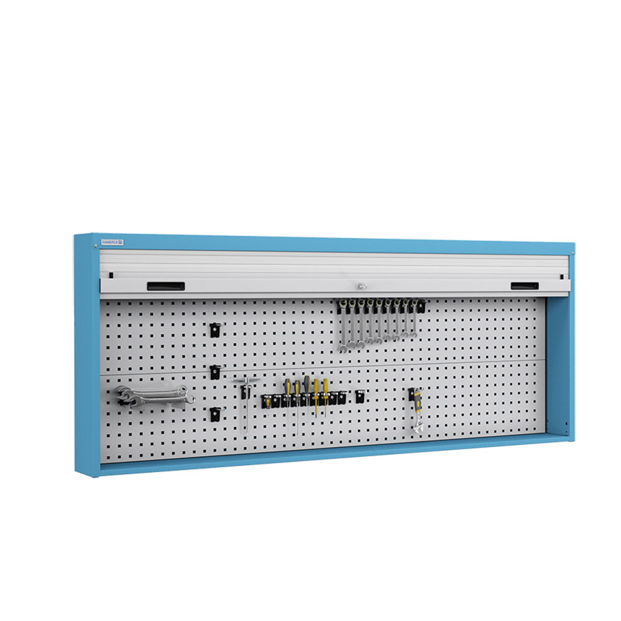 [050106] Armario metálico con persiana y paneles interiores perforados para herramientas - Dim.: 1937x210x810h mm - Azul ral 5012 y gris ral 7035