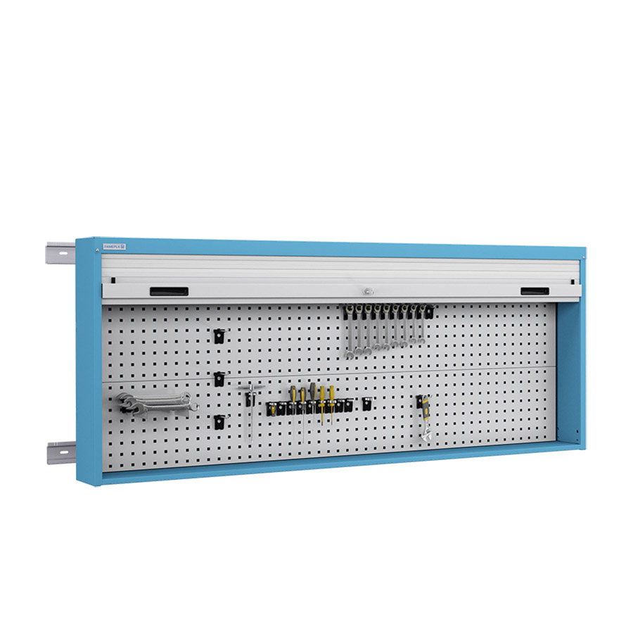 [050108] Armario metálico con persiana y paneles interiores perforados para herramientas - Dim.: 1937x210x810h mm - Azul ral 5012 y gris ral 7035