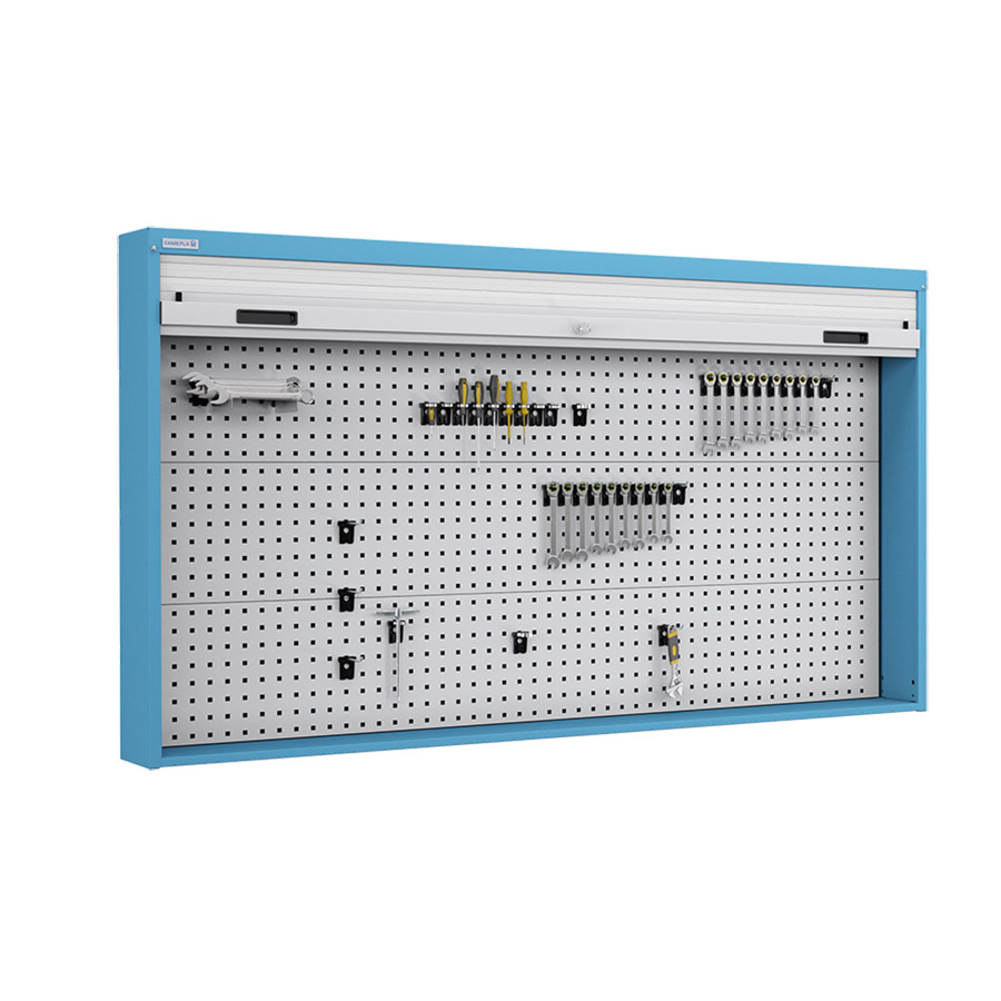 [050110] Armario metálico con persiana y paneles interiores perforados para herramientas - Dim.: 1937x210x1114h mm - Azul ral 5012 y gris ral 7035