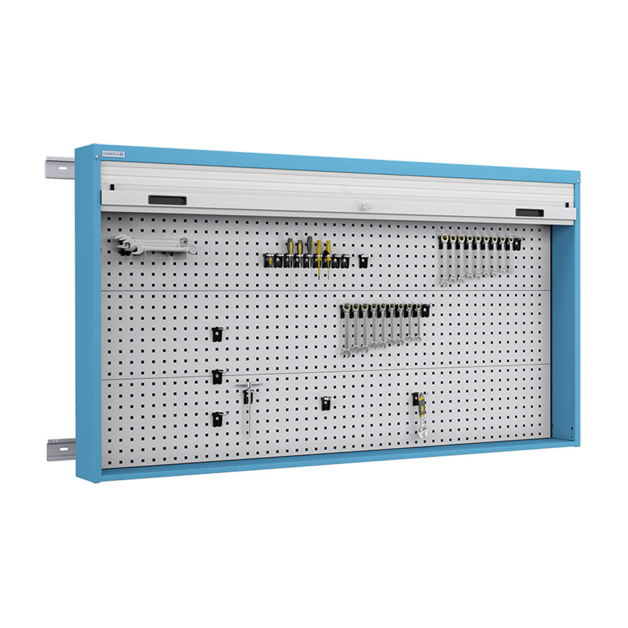 [050112] Armario metálico con persiana y paneles interiores perforados para herramientas - Dim.: 1937x210x1114h mm - Azul ral 5012 y gris ral 7035