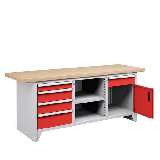 [050128] Banco compacto con encimera de haya, 5 cajones, 1 puertas y 1 estantes - Dim.: 2000x750x840h mm - Gris ral 7035 y Rojo ral 3003