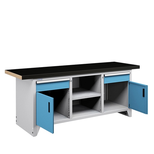 [050135] Banco compacto con encimera de haya, 2 cajones, 2 puertas y 1 estante - Dim.: 2000x750x840h mm - Gris ral 7035 y Azul ral 5012