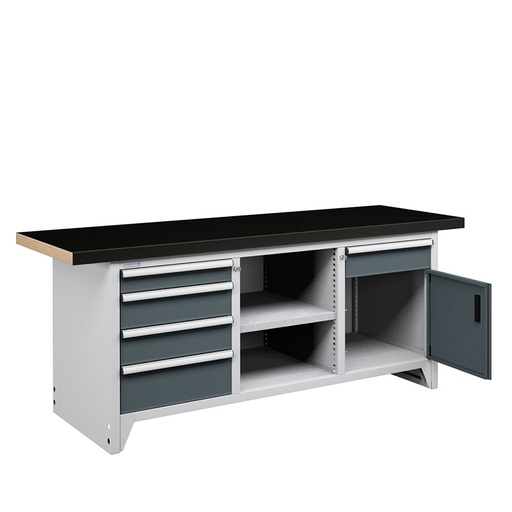[050157] Banco compacto con encimera de haya, 5 cajones, 1 puertas y 1 estantes - Dim.: 2000x750x840h mm - Gris ral 7035 y Gris ral 7016