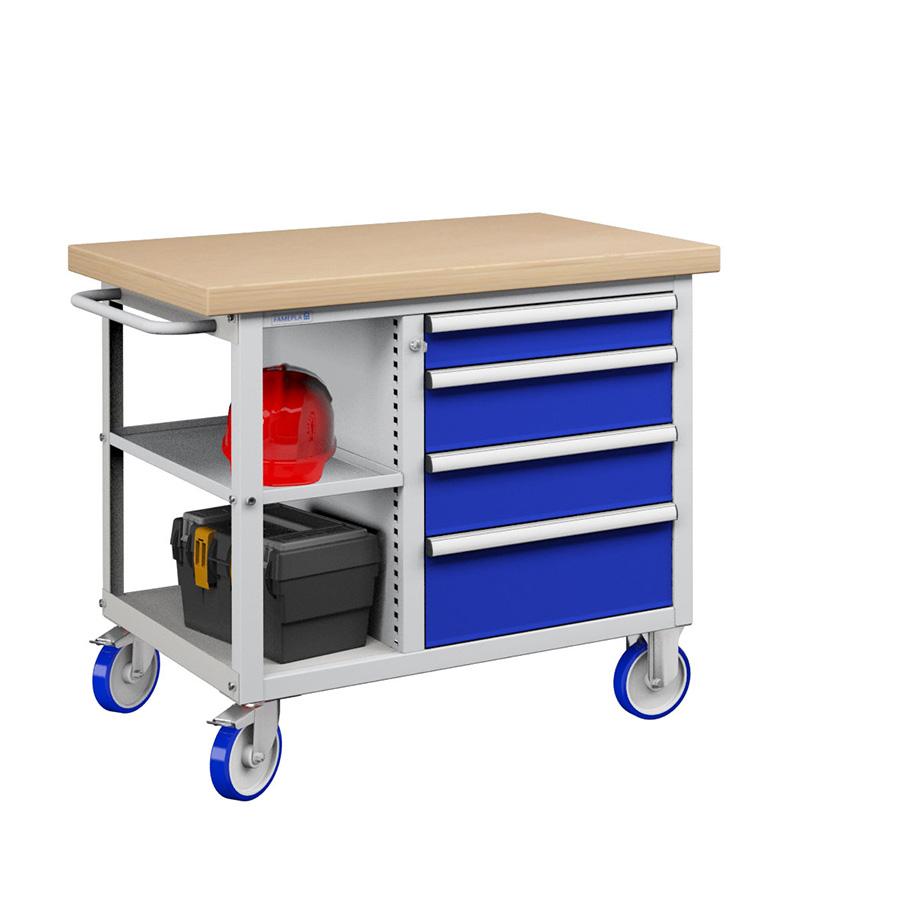[050174] Banco móvil compacto con encimera de haya, 4 cajones y 1 estante - Dim.: 1065x750x908h mm - Gris ral 7035 y Azul ral 5005