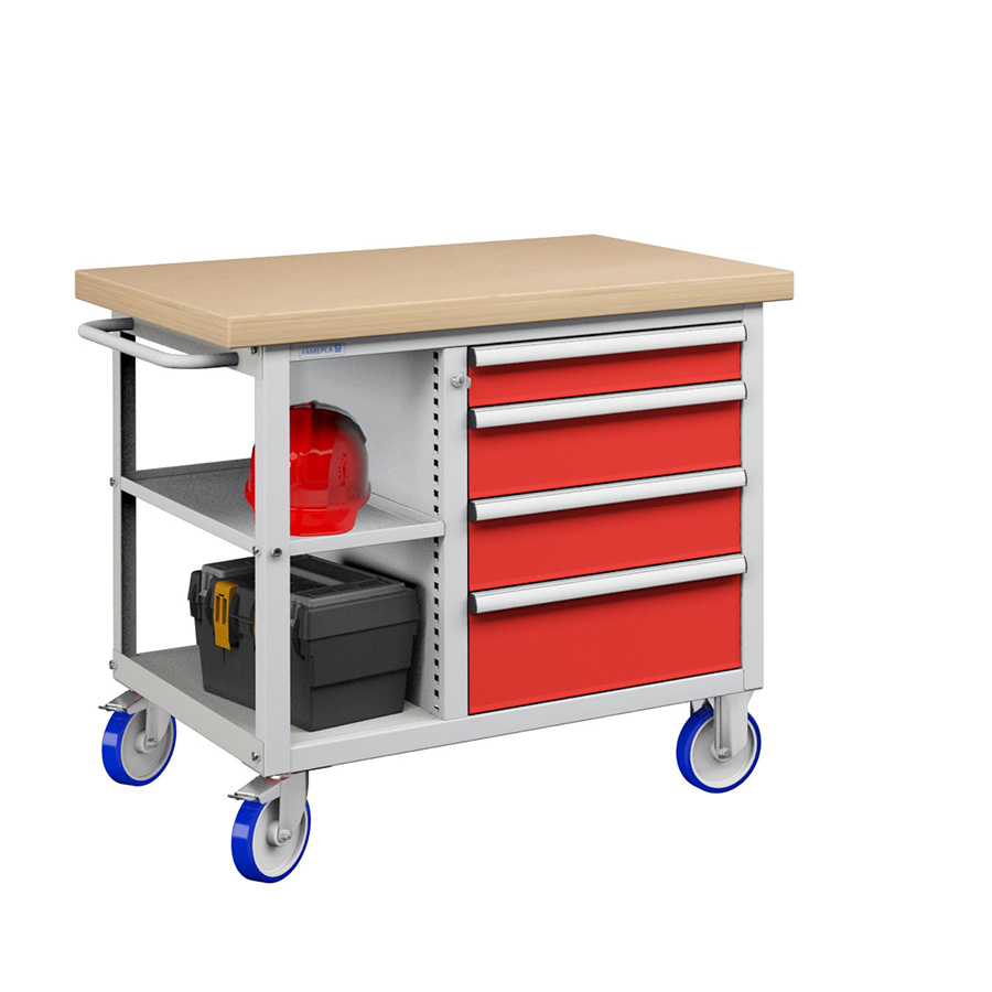 [050175] Banco móvil compacto con encimera de haya, 4 cajones y 1 estante - Dim.: 1065x750x908h mm - Gris ral 7035 y Rojo ral 3003