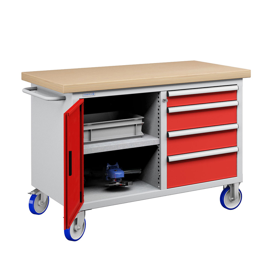 [050182] Banco móvil compacto con encimera de haya, 4 cajones, puerta y estante - Dim.: 1315x750x908h mm - Gris ral 7035 y Rojo ral 3003