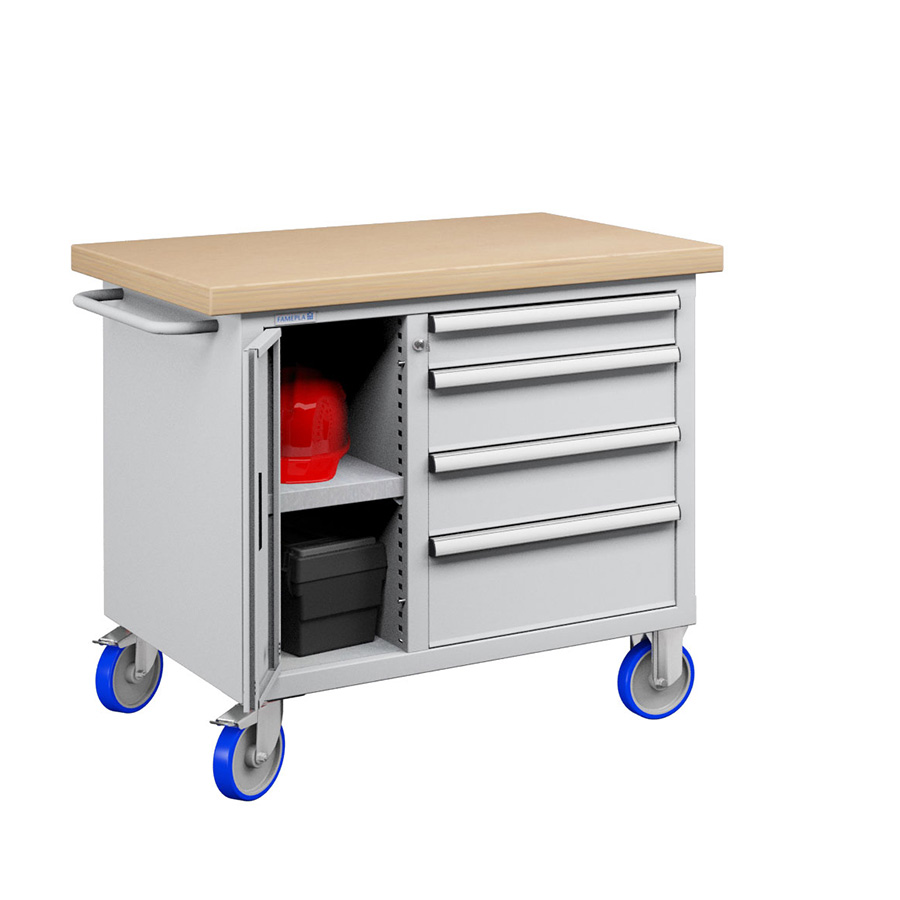 [050189] Banco móvil compacto con encimera de haya, 4 cajones y puerta - Dim.: 1065x750x908h mm - Gris ral 7035