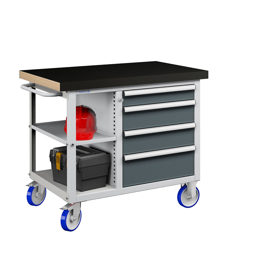 [050195] Banco móvil compacto con encimera de haya, 4 cajones y 1 estante - Dim.: 1065x750x908h mm - Gris ral 7035 y Gris ral 7016