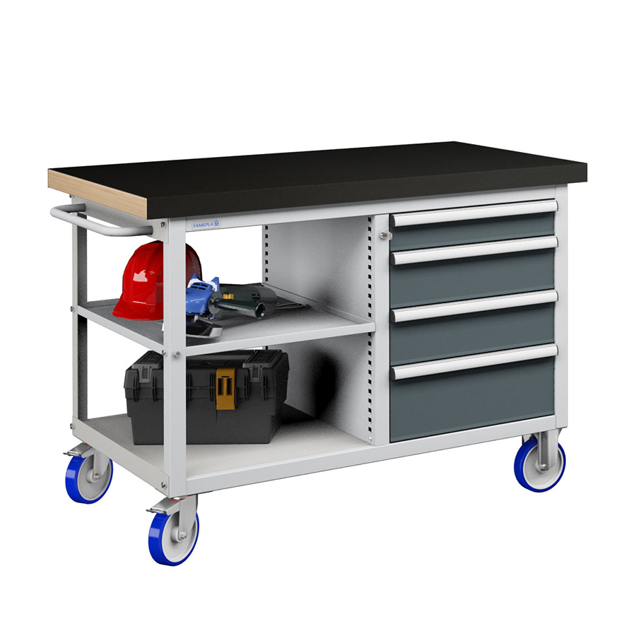 [050205] Banco móvil compacto con encimera de haya, 4 cajones y 1 estante - Dim.: 1315x750x908h mm - Gris ral 7035 y Gris ral 7016