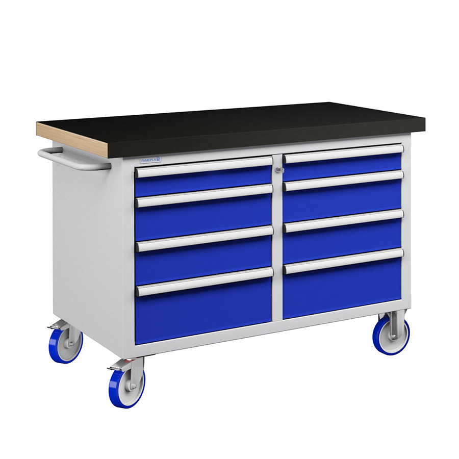 [050211] Banco móvil compacto con encimera de haya, 8 cajones - Dim.: 1315x750x908h mm - Gris ral 7035 y Azul ral 5005