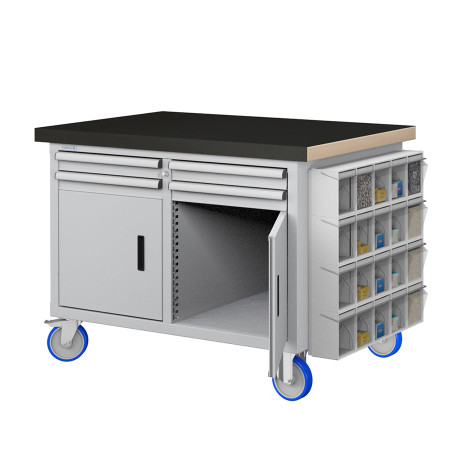 [050219] Banco móvil compacto con encimera de haya, 4 cajones, 2 puertas y practibox - Dim.: 1315x750x908h mm - Gris ral 7035