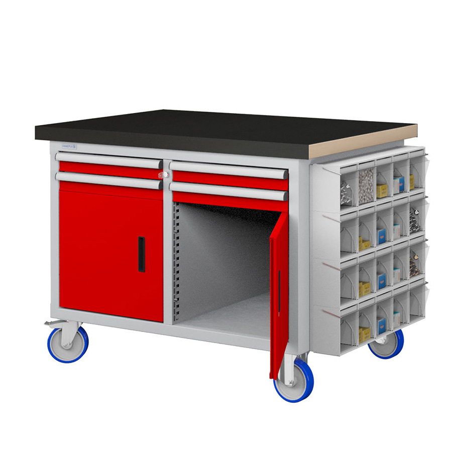 [050222] Banco móvil compacto con encimera de haya, 4 cajones, 2 puertas y practibox - Dim.: 1315x750x908h mm - Gris ral 7035 y Rojo ral 3003