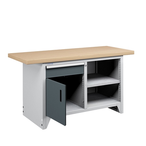 [050223] Banco compacto con encimera de haya, 1 cajón, 1 puerta y 1 estante - Dim.: 1500x750x840h mm - Gris ral 7035 y Gris ral 7016