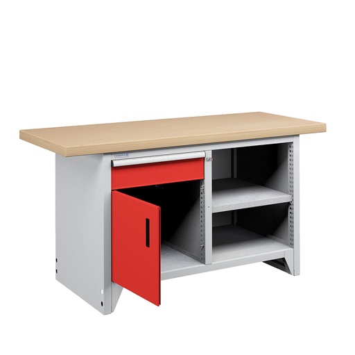[050225] Banco compacto con encimera de haya, 1 cajón, 1 puerta y 1 estante - Dim.: 1500x750x840h mm - Gris ral 7035 y Rojo ral 3003