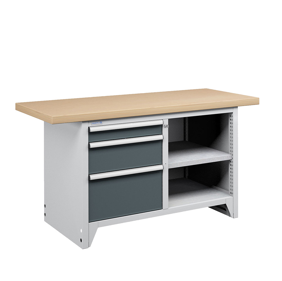 [050229] Banco compacto con encimera de haya, 3 cajones y 1 estante - Dim.: 1500x750x840h mm - Gris ral 7035 y Gris ral 7016