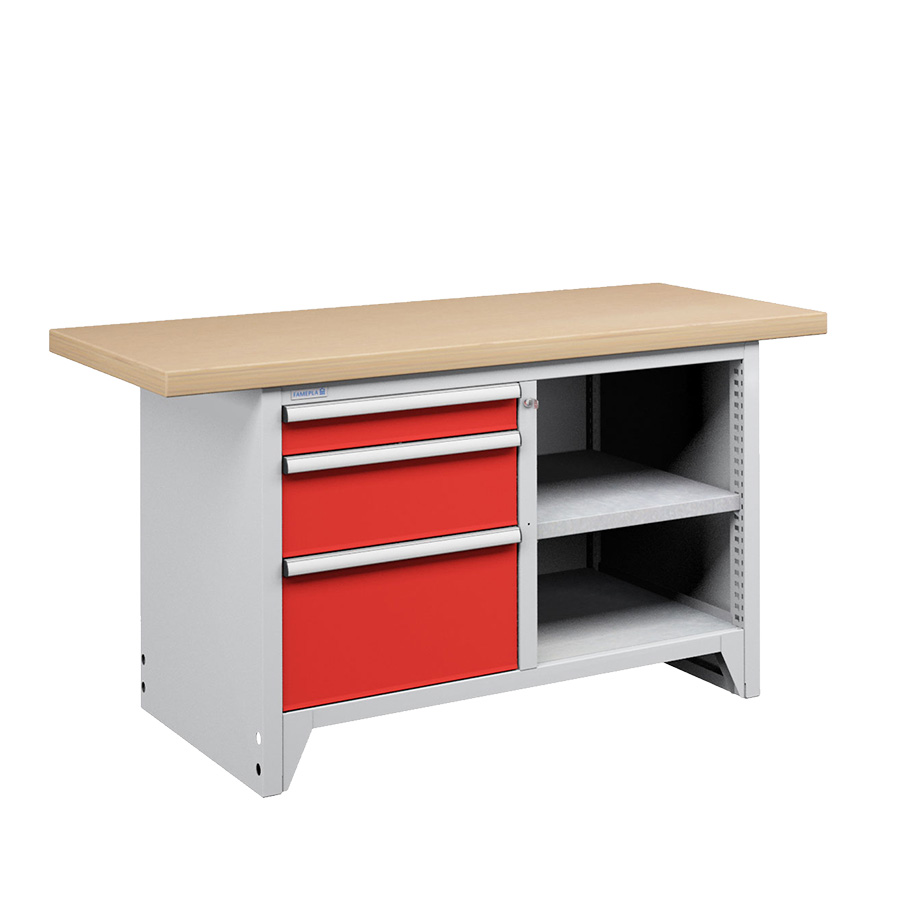 [050231] Banco compacto con encimera de haya, 3 cajones y 1 estante - Dim.: 1500x750x840h mm - Gris ral 7035 y Rojo ral 3003