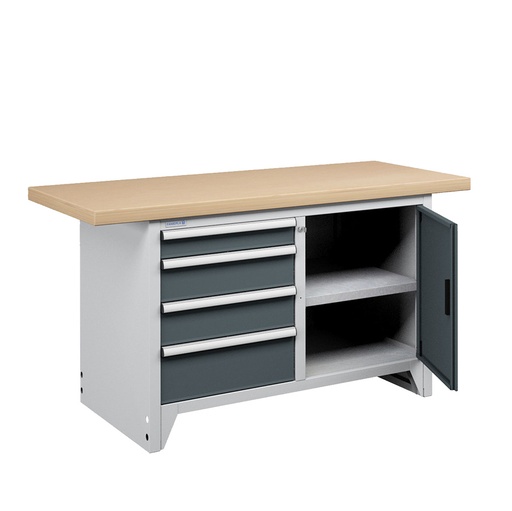 [050242] Banco compacto con encimera de haya, 4 cajones, 1 puerta y 1 estante - Dim.: 1500x750x840h mm - Gris ral 7035 y Gris ral 7016
