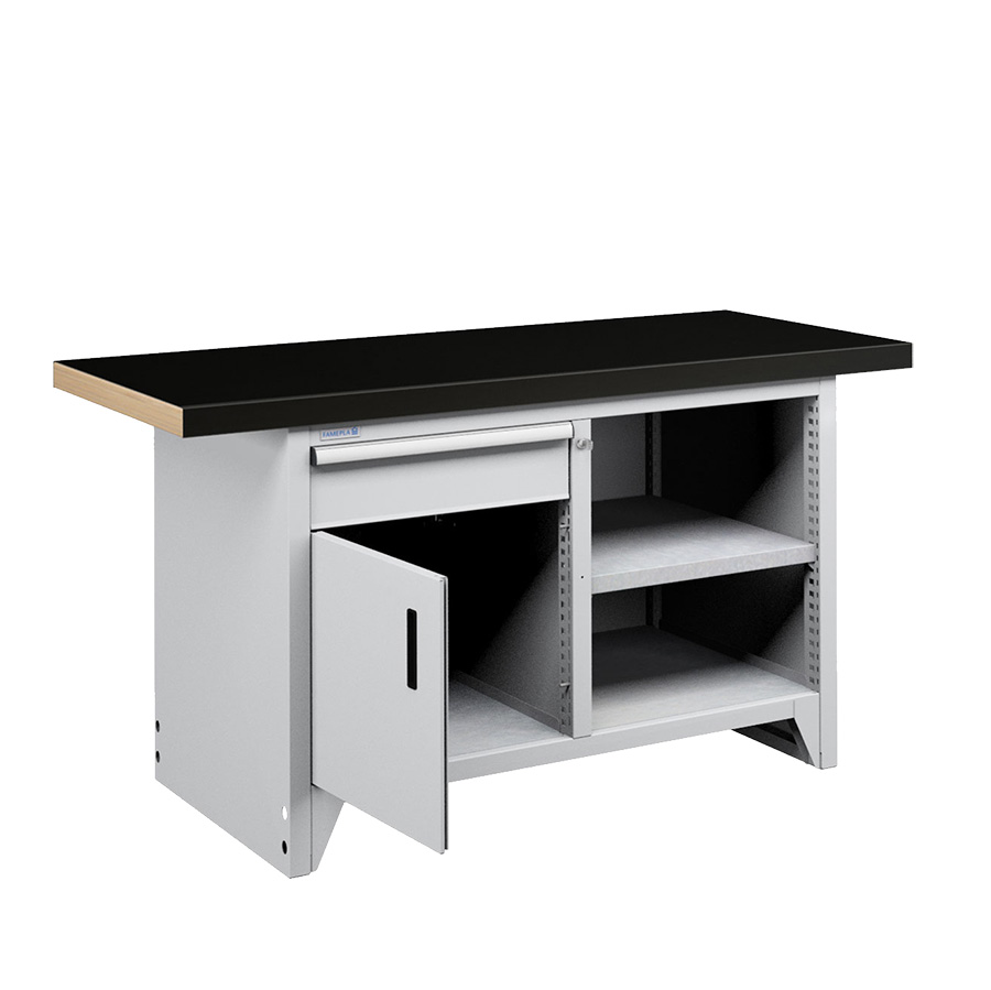 [050246] Banco compacto con encimera de haya, 1 cajón, 1 puerta y 1 estante - Dim.: 1500x750x840h mm - Gris ral 7035