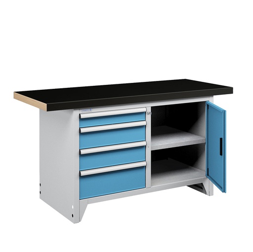 [050276] Banco compacto con encimera de haya, 4 cajones, 1 puerta y 1 estante - Dim.: 1500x750x840h mm - Gris ral 7035 y Azul ral 5012