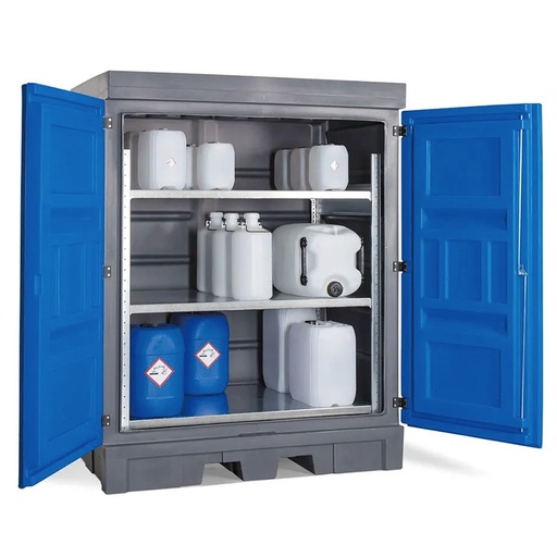 [050344] Armario plástico con puertas batientes y estantería interior metálica - Dim.:1560x1080x1980h mm - Azul y gris oscuro