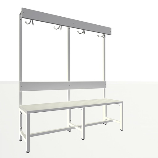 [050473] Banqueta para vestuario de lamas de plástico con respaldo y perchero con 4 colgadores - Dim.: 1500x400x1600h mm - Gris ral 7035