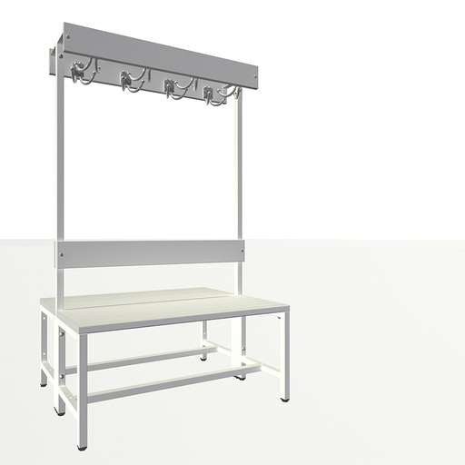 [050475] Banqueta para vestuario de lamas de plástico a 2 caras, con respaldo y perchero con 8 colgadores - Dim.: 1000x770x1600h mm - Gris ral 7035